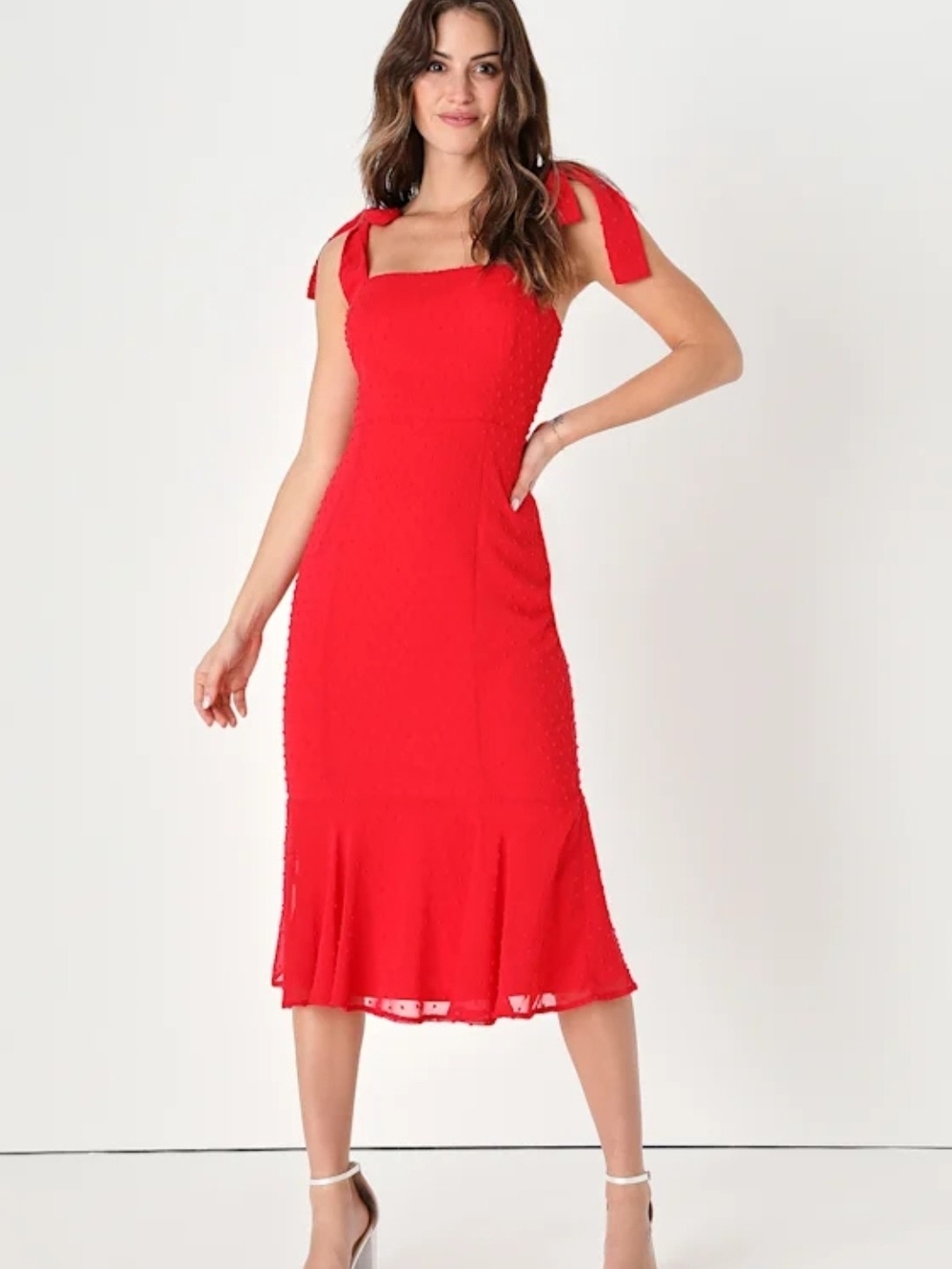 Lulu's Bimini Bright Red Swiss Dot Tie-strap Midi Cocktail Dress